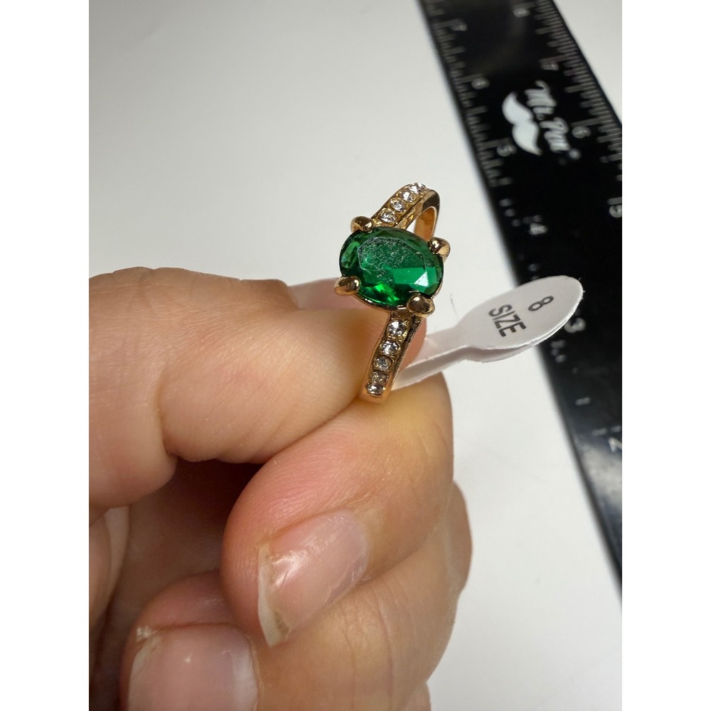 Gold Tone Faux Emerald and Rhinestone Oval Cut Statement Ring Size 8
